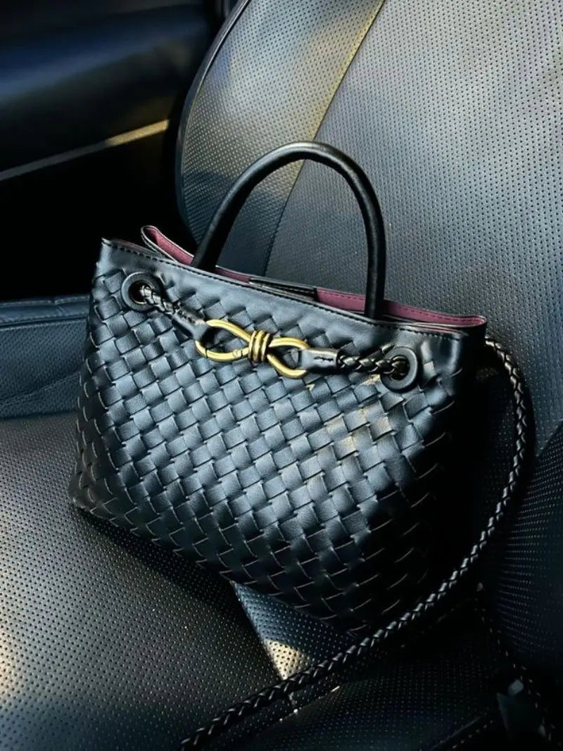 Black Woven Mini Tote Bag with Gold Accent
