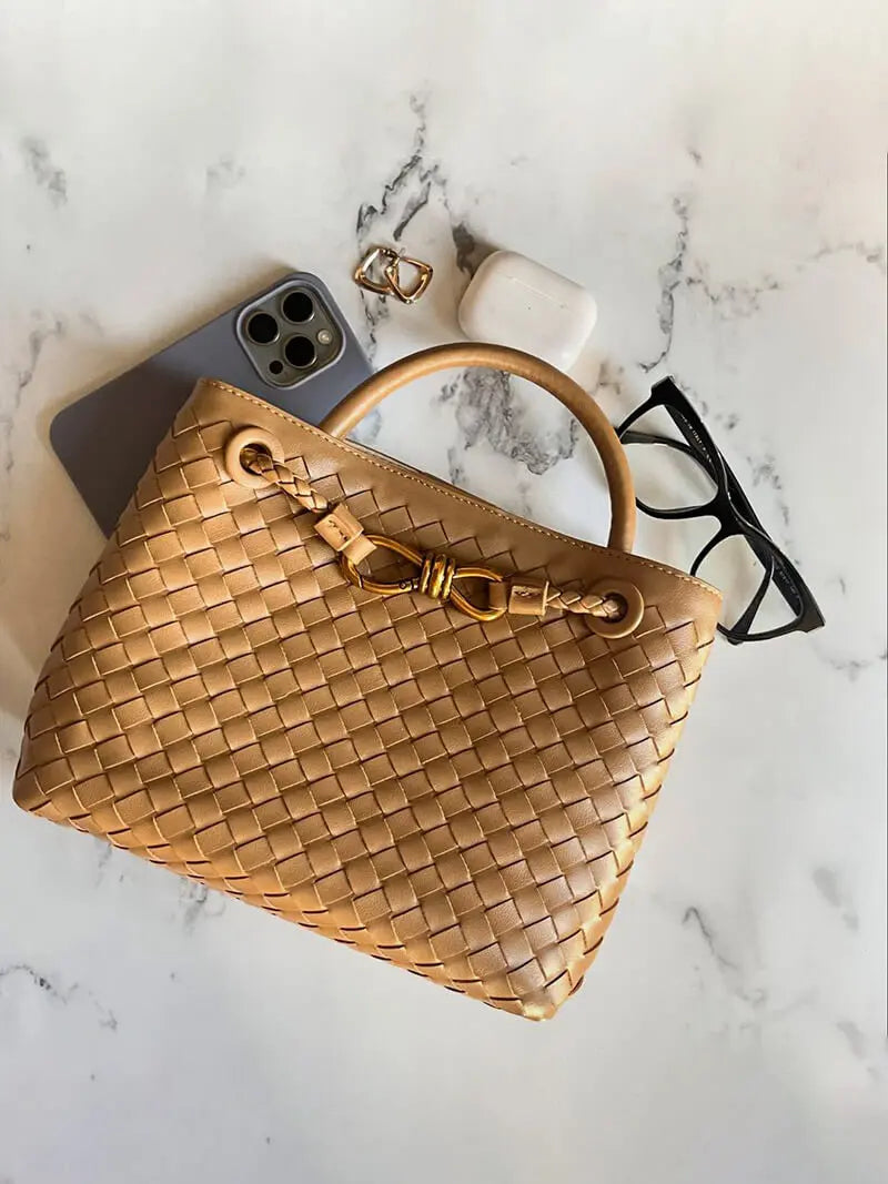 Black Woven Mini Tote Bag with Gold Accent