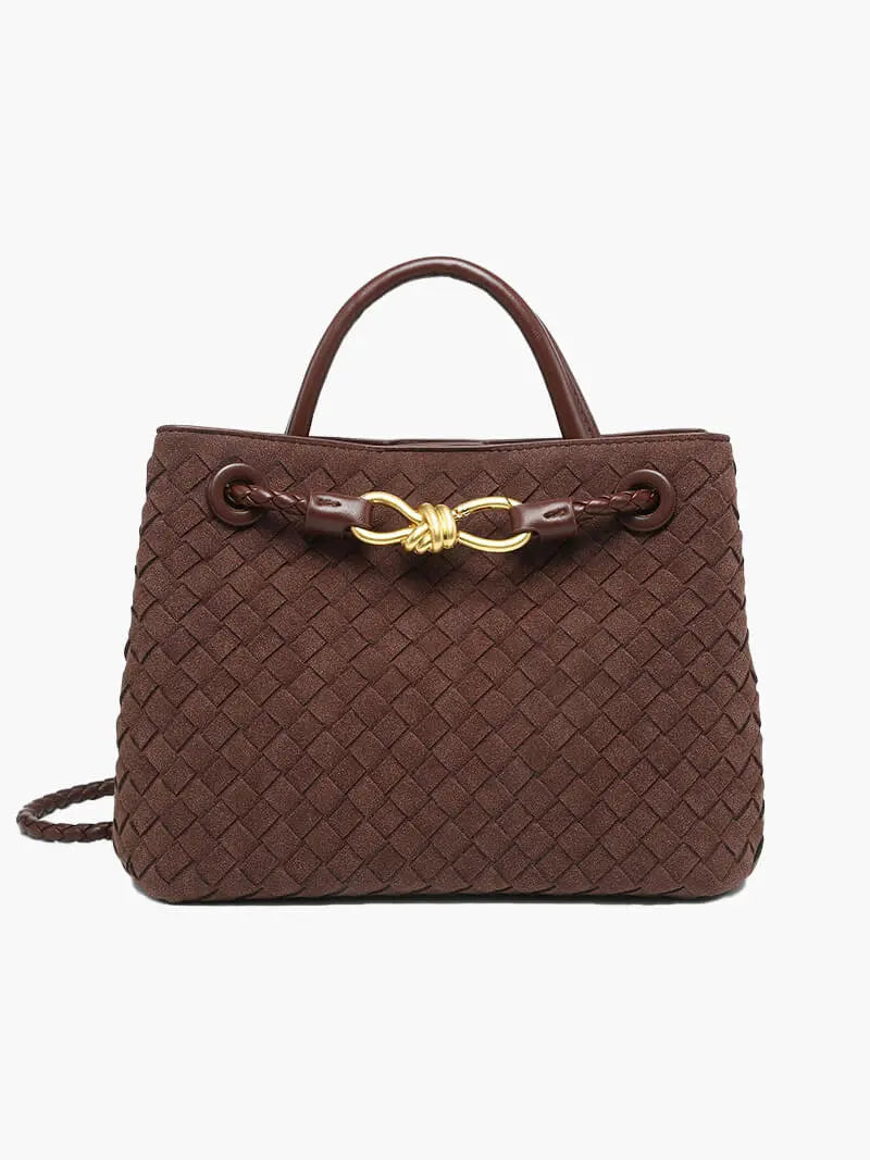 Woven Suede Tote Bag with Gold Knot Accent – Timeless Elegance