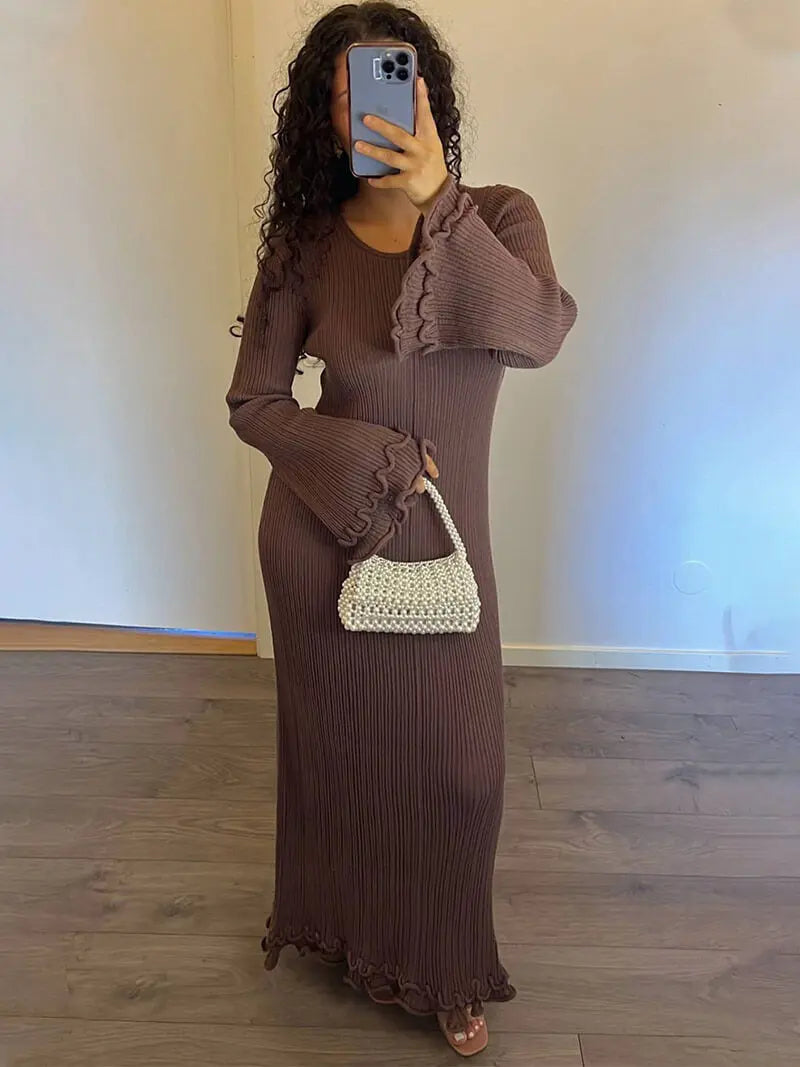 Ruffle Sleeve Ribbed Maxi Dress