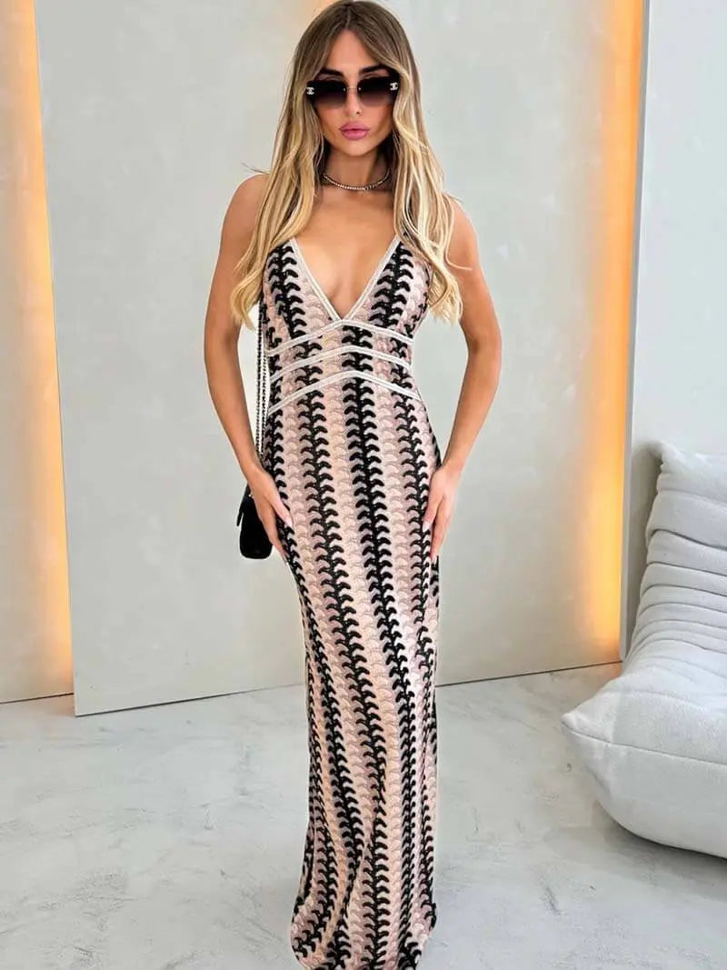 Halter Neck Patterned Maxi Dress
