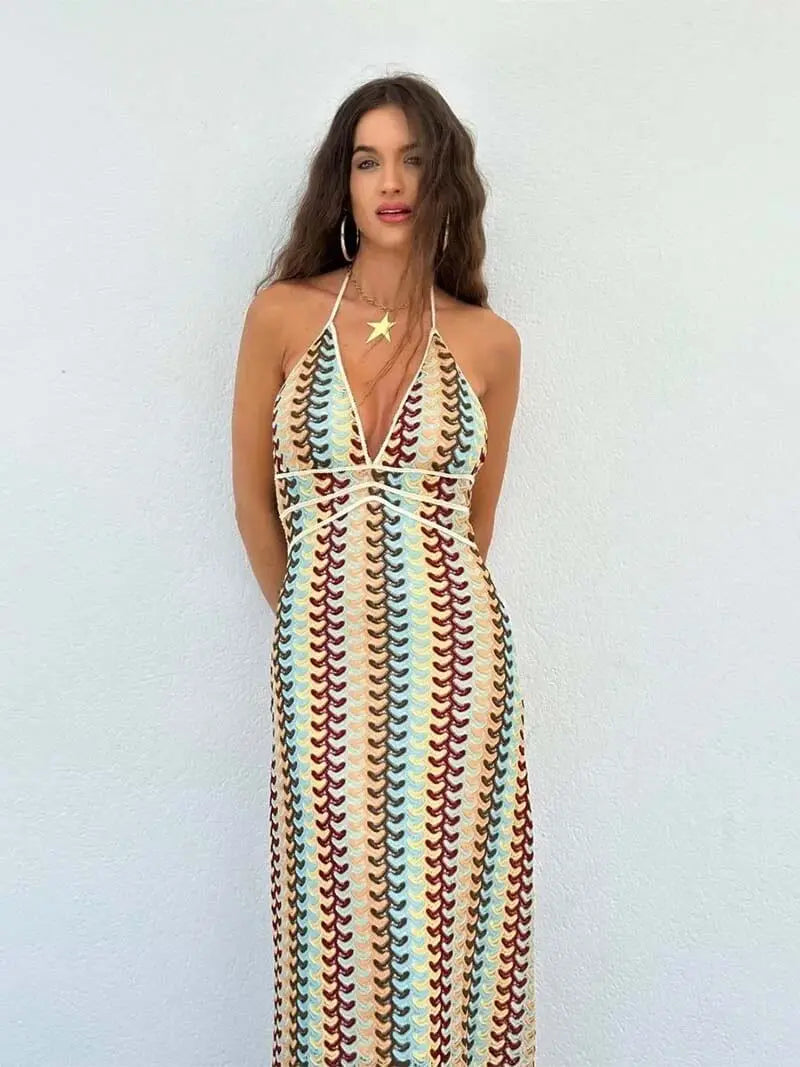 Halter Neck Patterned Maxi Dress