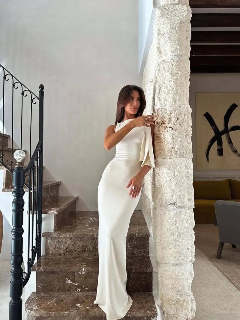 Asymmetrical Knotted Shoulder Maxi Dress