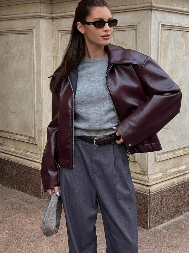 Classic Burgundy Faux Leather Jacket