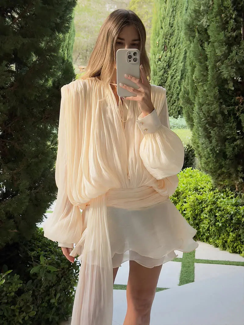 Elegant Pleated Mini Dress with Statement Sleeves