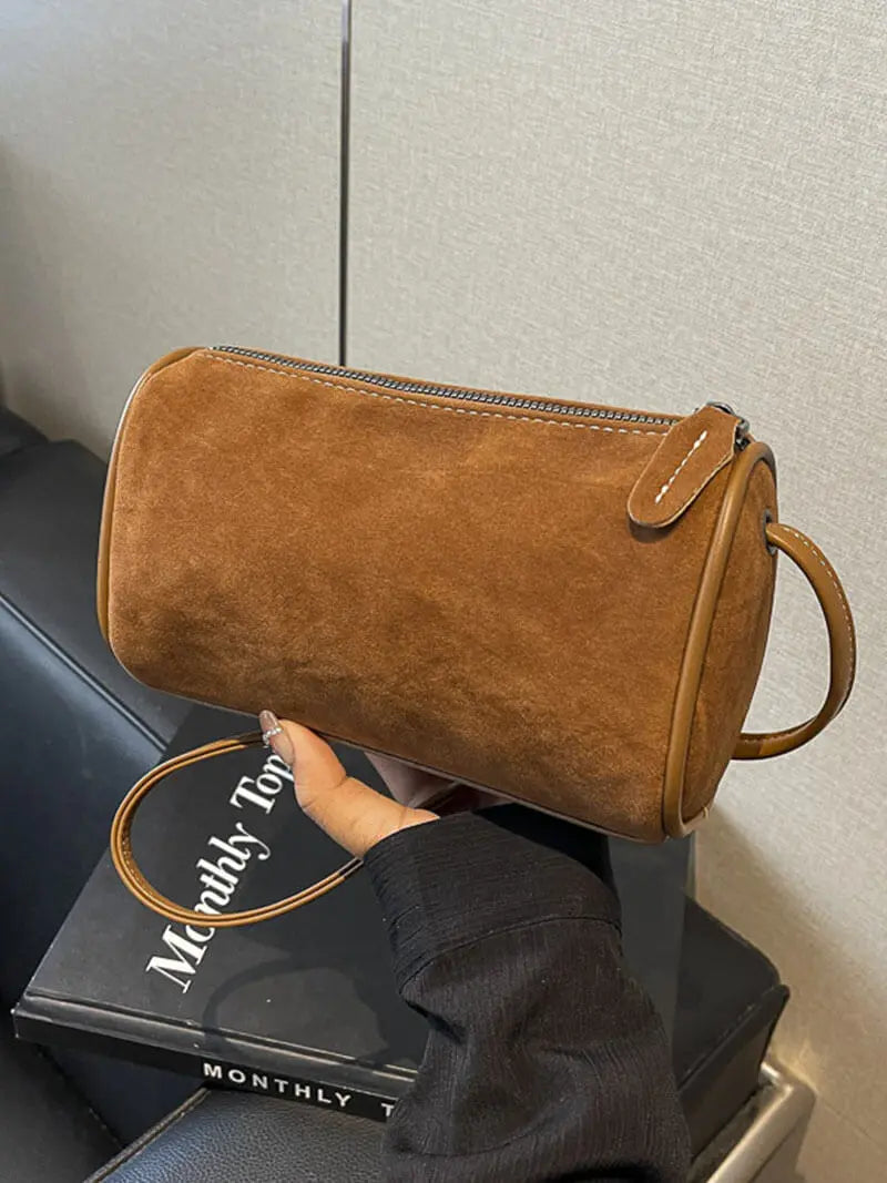 Chic Suede Barrel Bag – Compact and Timeless
