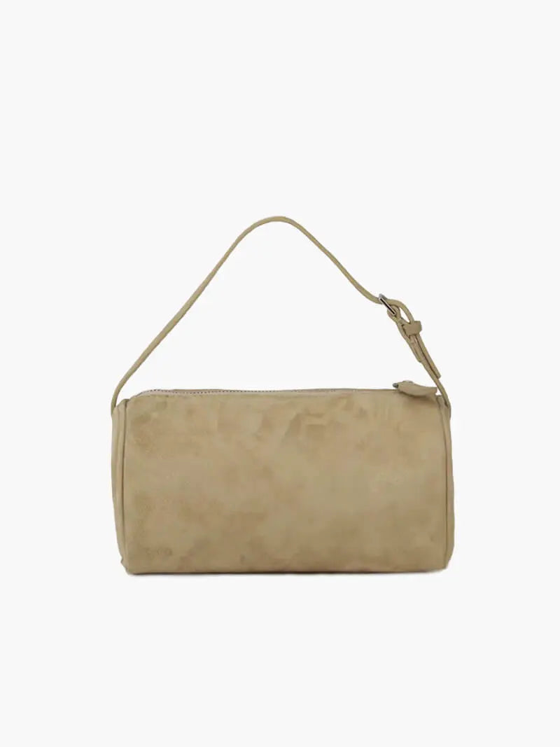 Chic Suede Barrel Bag – Compact and Timeless