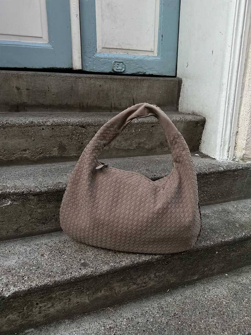 Woven Suede Hobo Bag – Bohemian Chic in Taupe