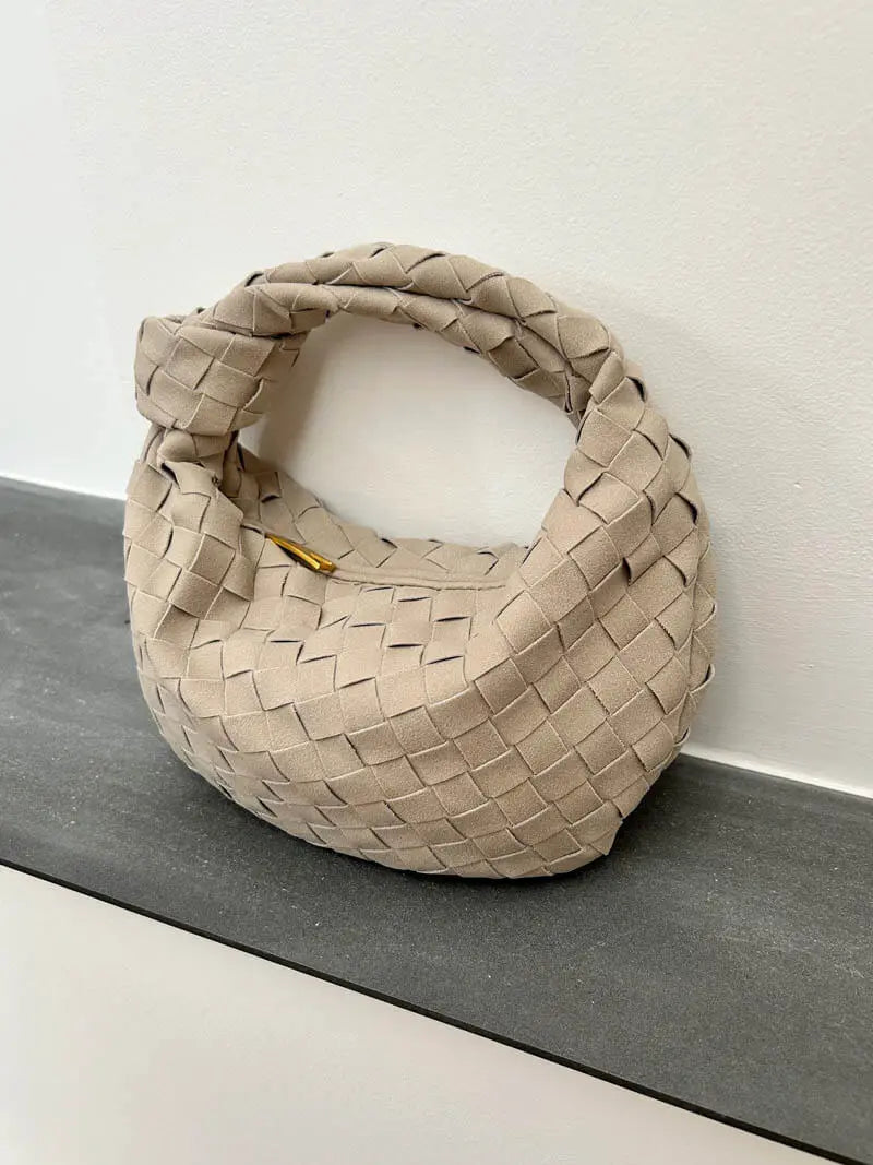 Woven Suede Mini Knot Bag in Chocolate Brown