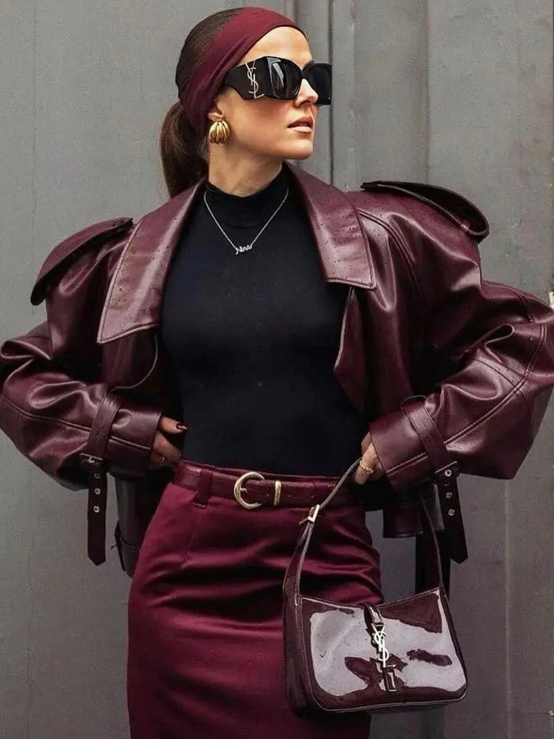 Cropped Burgundy Faux Leather Jacket
