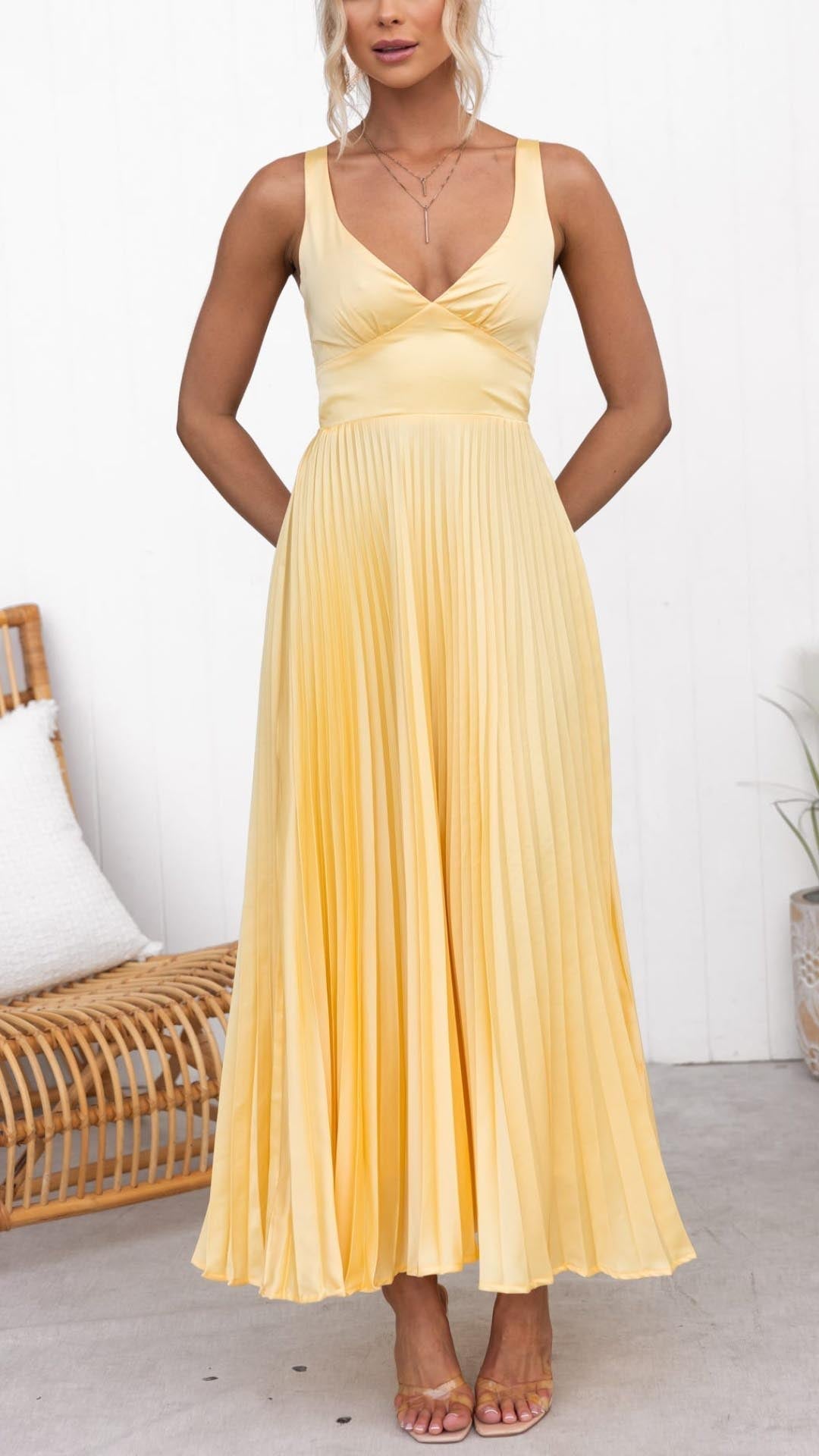 Elegant Yellow Pleated Midi Dress for Women – Summer V-Neck Flowing Dress