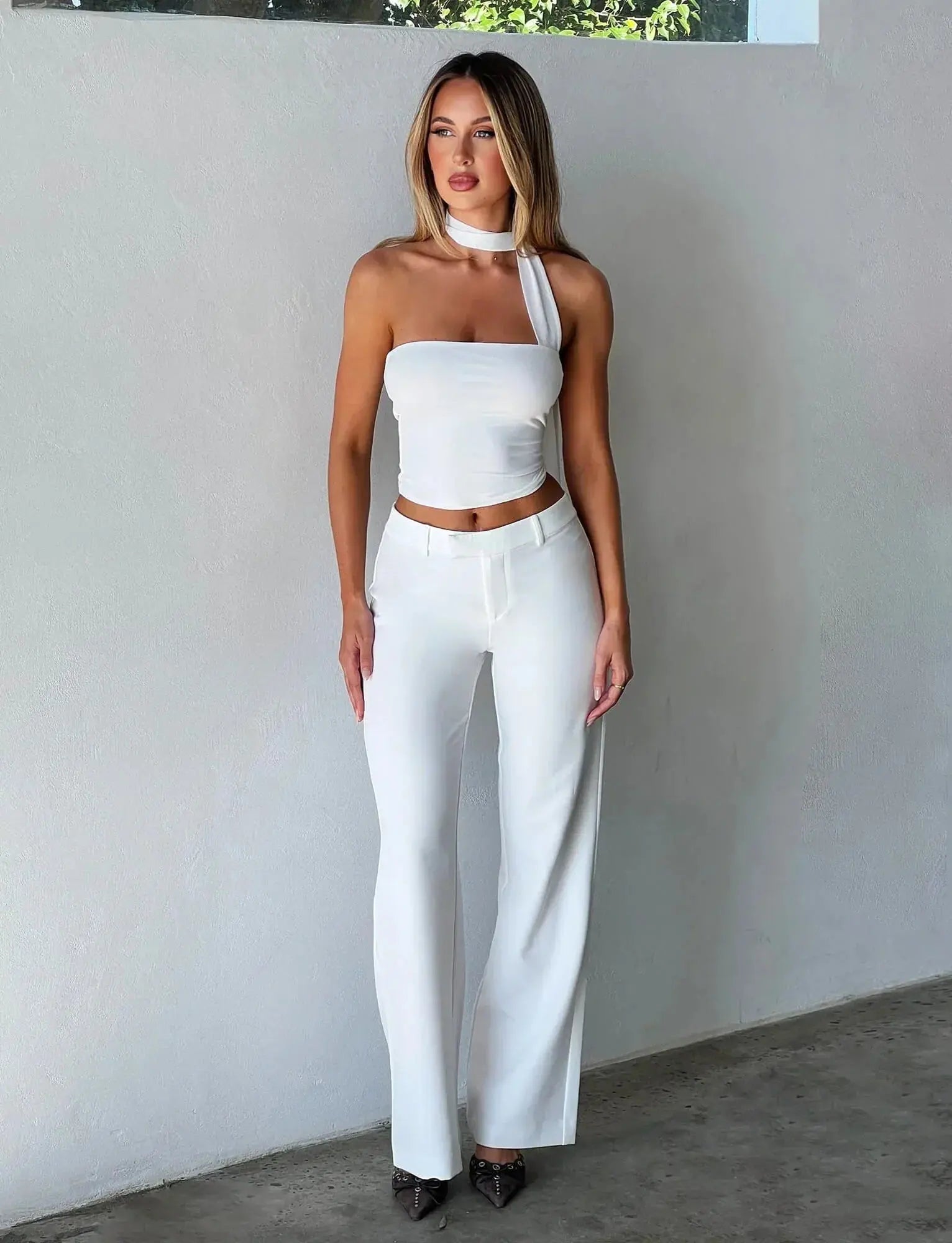 Strapless White Crop Top with Neck Scarf