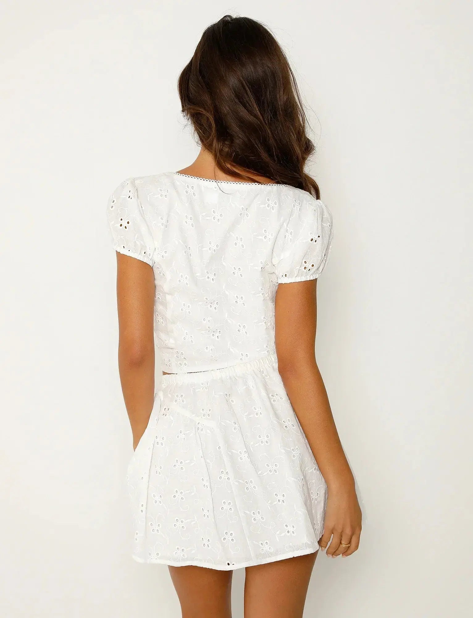 Eyelet Embroidered Two-Piece Set with Puff-Sleeve