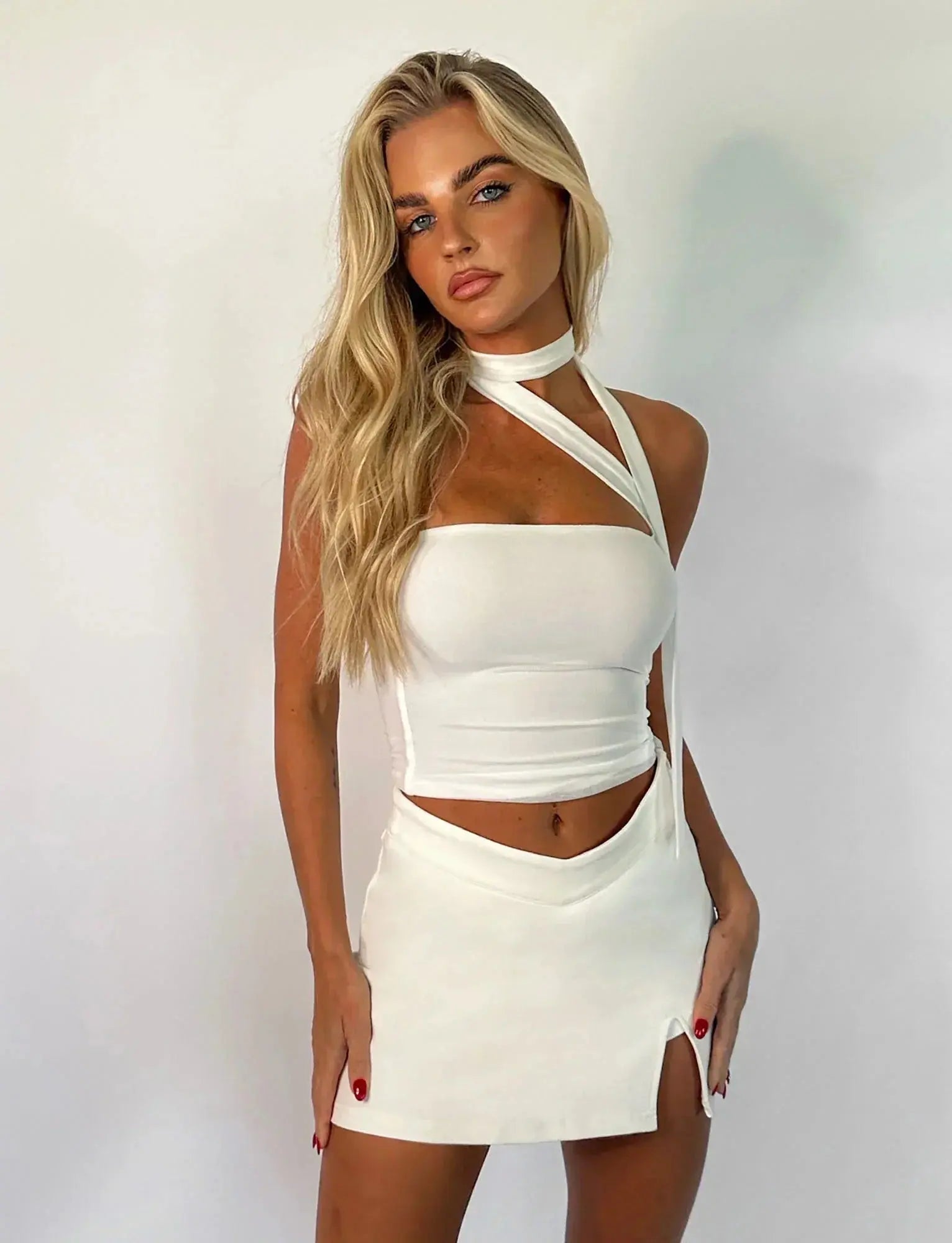 Strapless White Crop Top with Neck Scarf