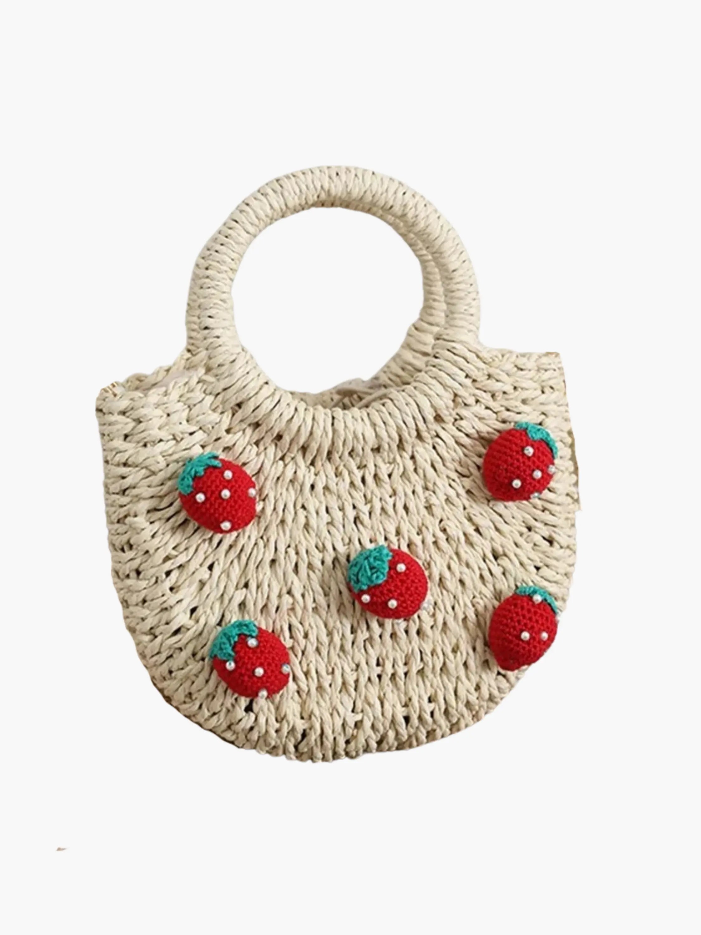 Handmade Straw Tote Bag with Crochet Strawberry Design