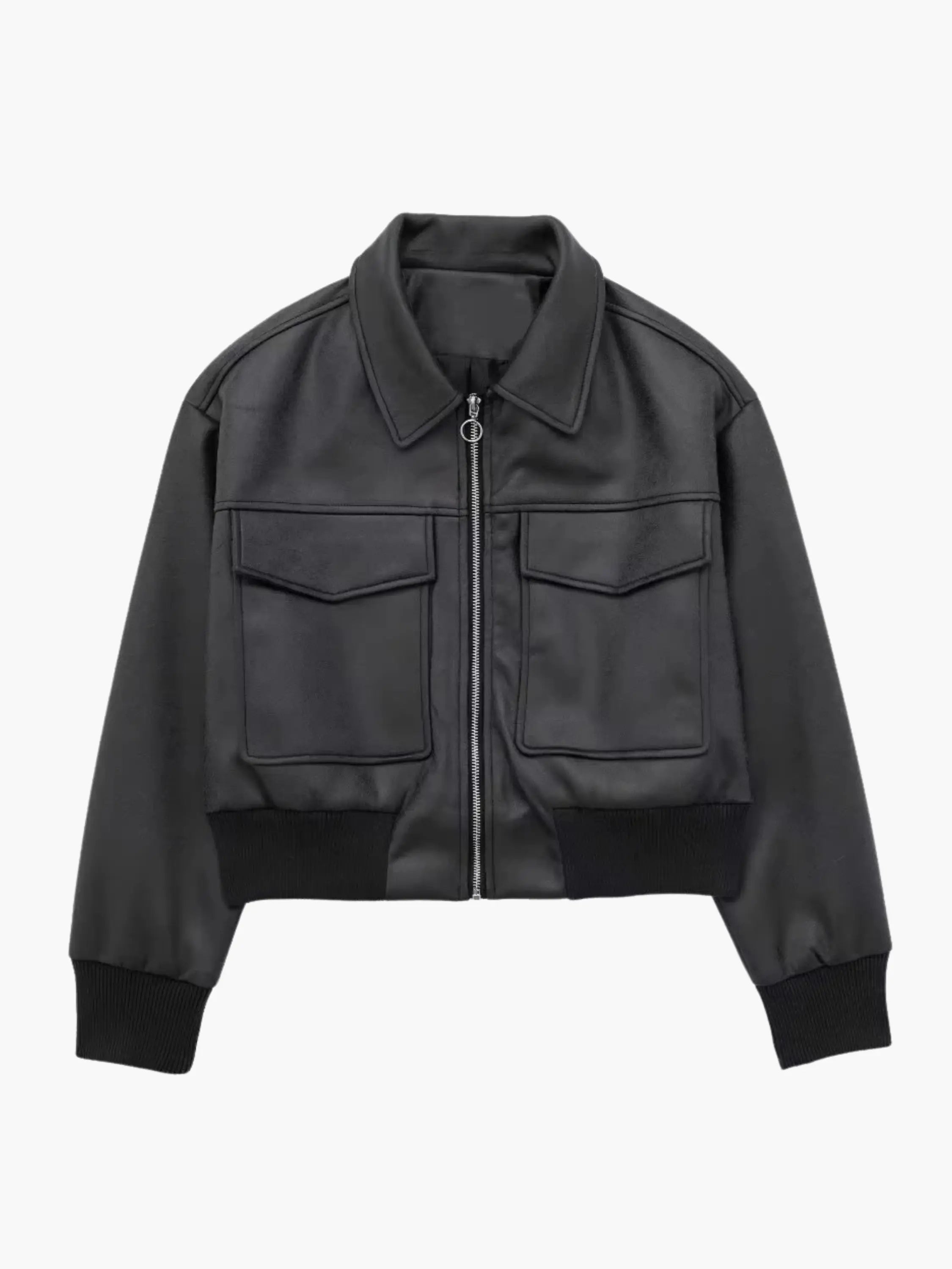 Cropped Faux Leather Jacket with Utility Pockets