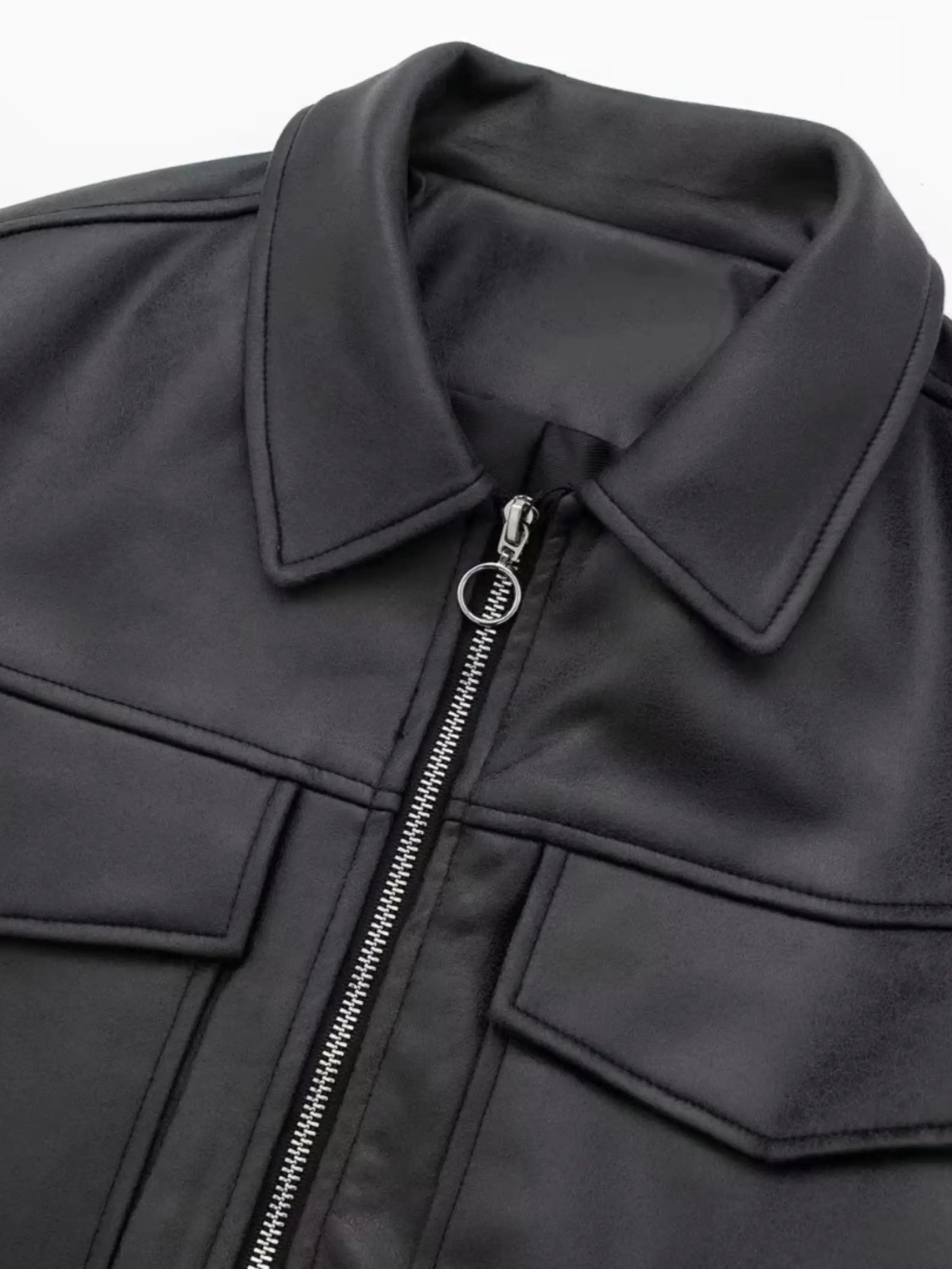 Cropped Faux Leather Jacket with Utility Pockets