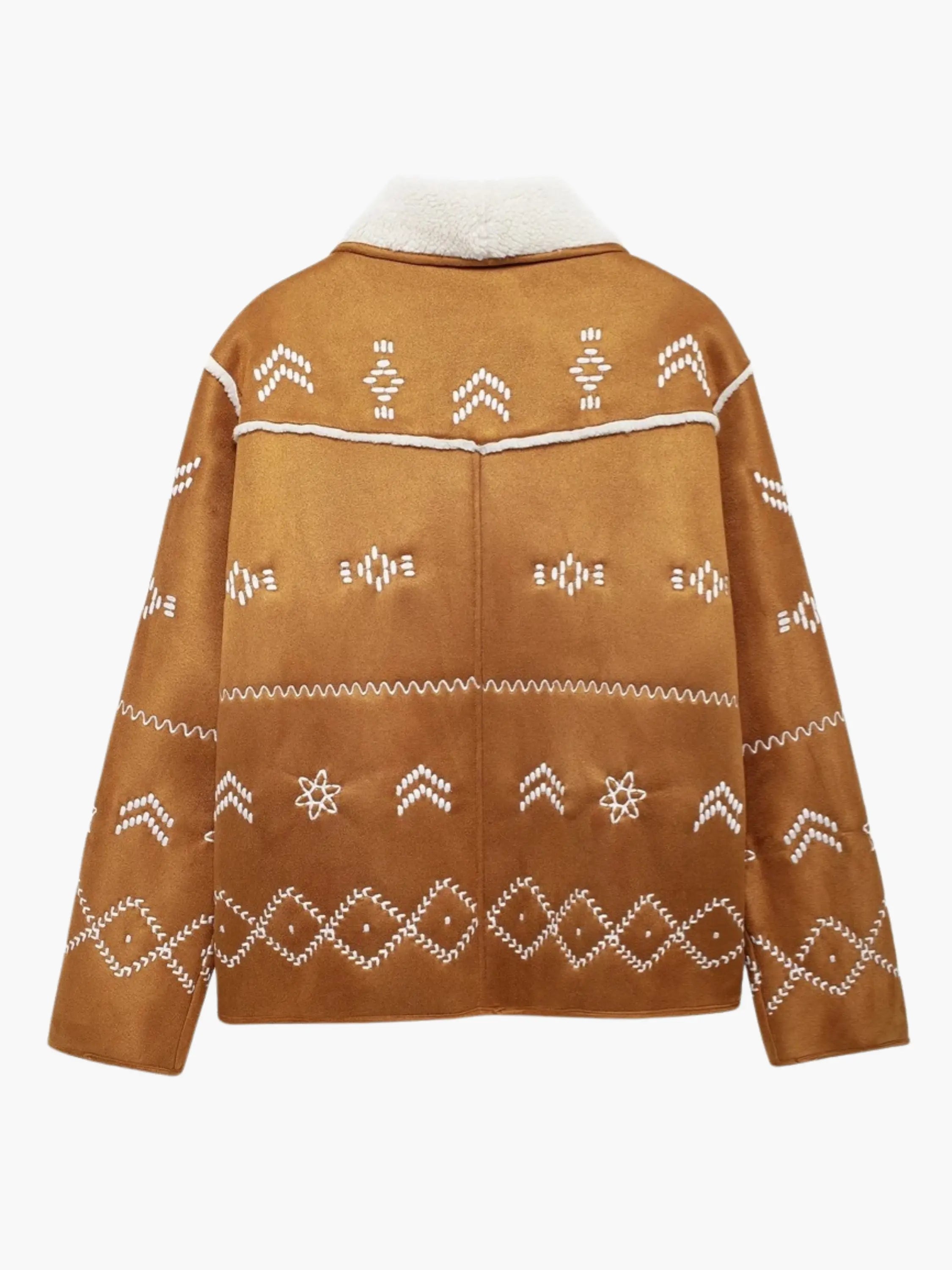 Embroidered Faux Suede Jacket with Shearling Collar