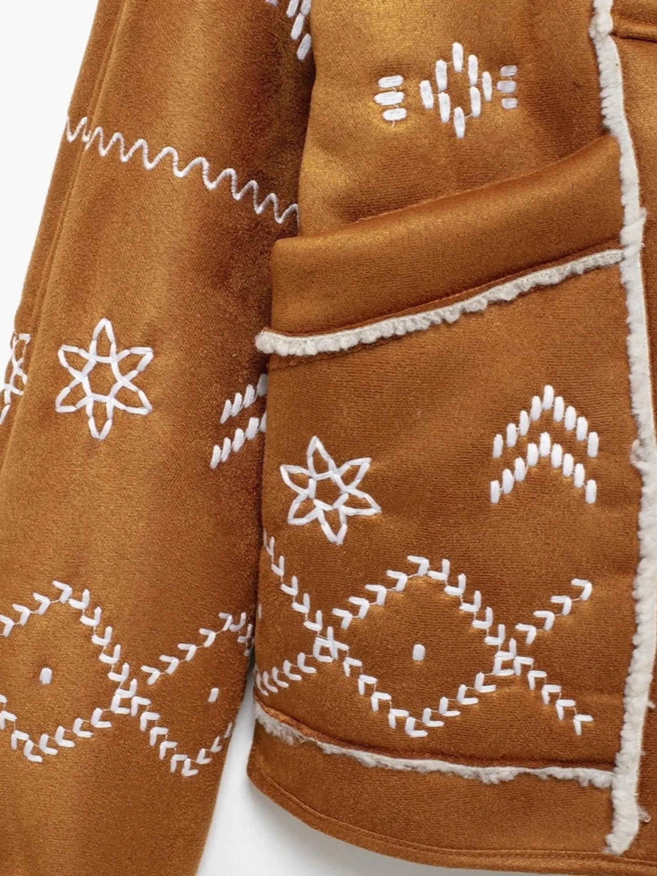 Embroidered Faux Suede Jacket with Shearling Collar