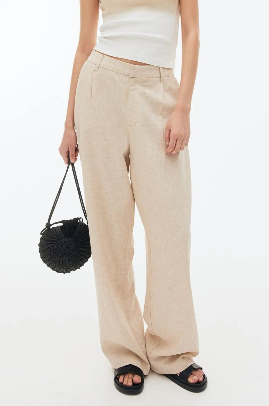 Natural Beige Linen Blend Wide-Leg Trousers