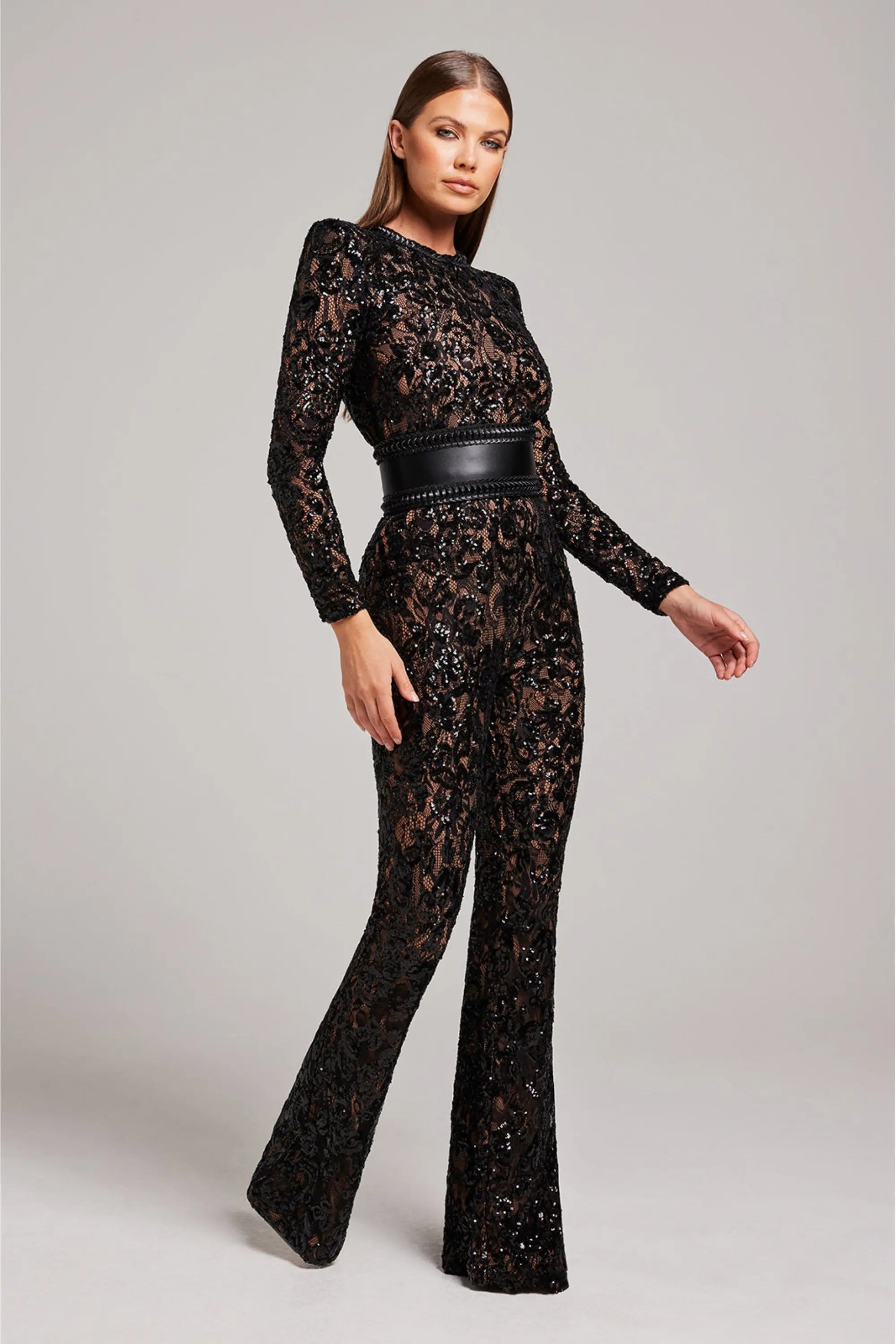Glamorous Black Sequin Jumpsuit with Belted Waist