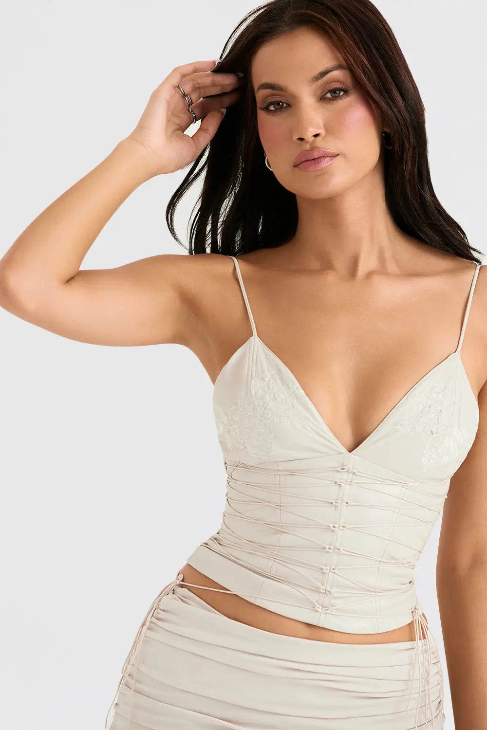 Elegant Two-Piece Set with Ruched Crop Top and High-Slit Maxi Skirt
