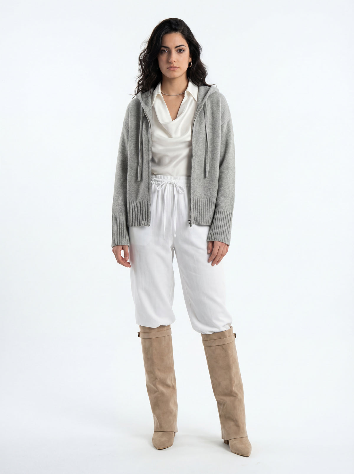 Black and Taupe + Satin Blouse + Relaxed Fit White + Hooded Zip Up - 01