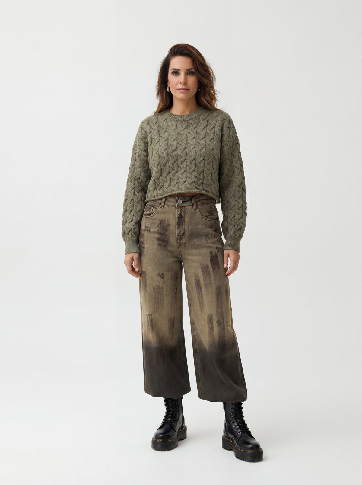 Chunky Platform Combat + Olive Cropped Cable + Trendy High Waisted - 04