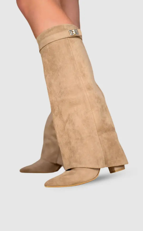 Black and Taupe Wide-Leg Boots - Chic and Contemporary