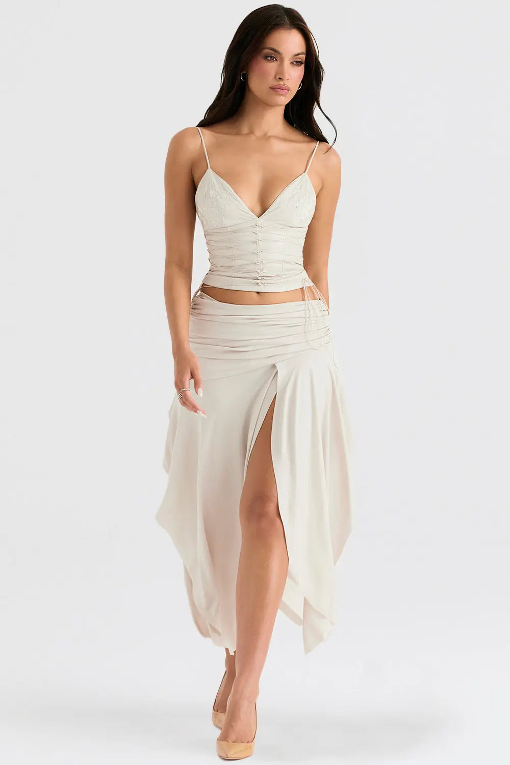 Elegant Two-Piece Set with Ruched Crop Top and High-Slit Maxi Skirt