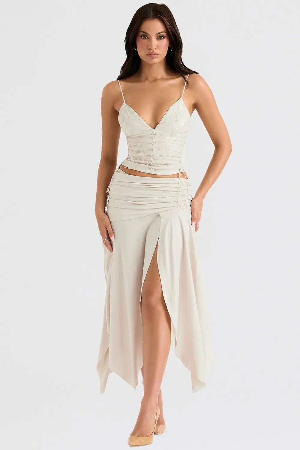 Elegant Two-Piece Set with Ruched Crop Top and High-Slit Maxi Skirt