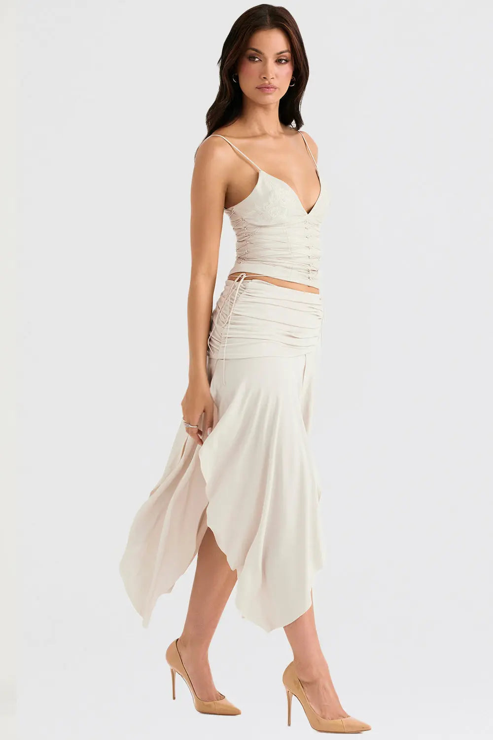 Elegant Two-Piece Set with Ruched Crop Top and High-Slit Maxi Skirt