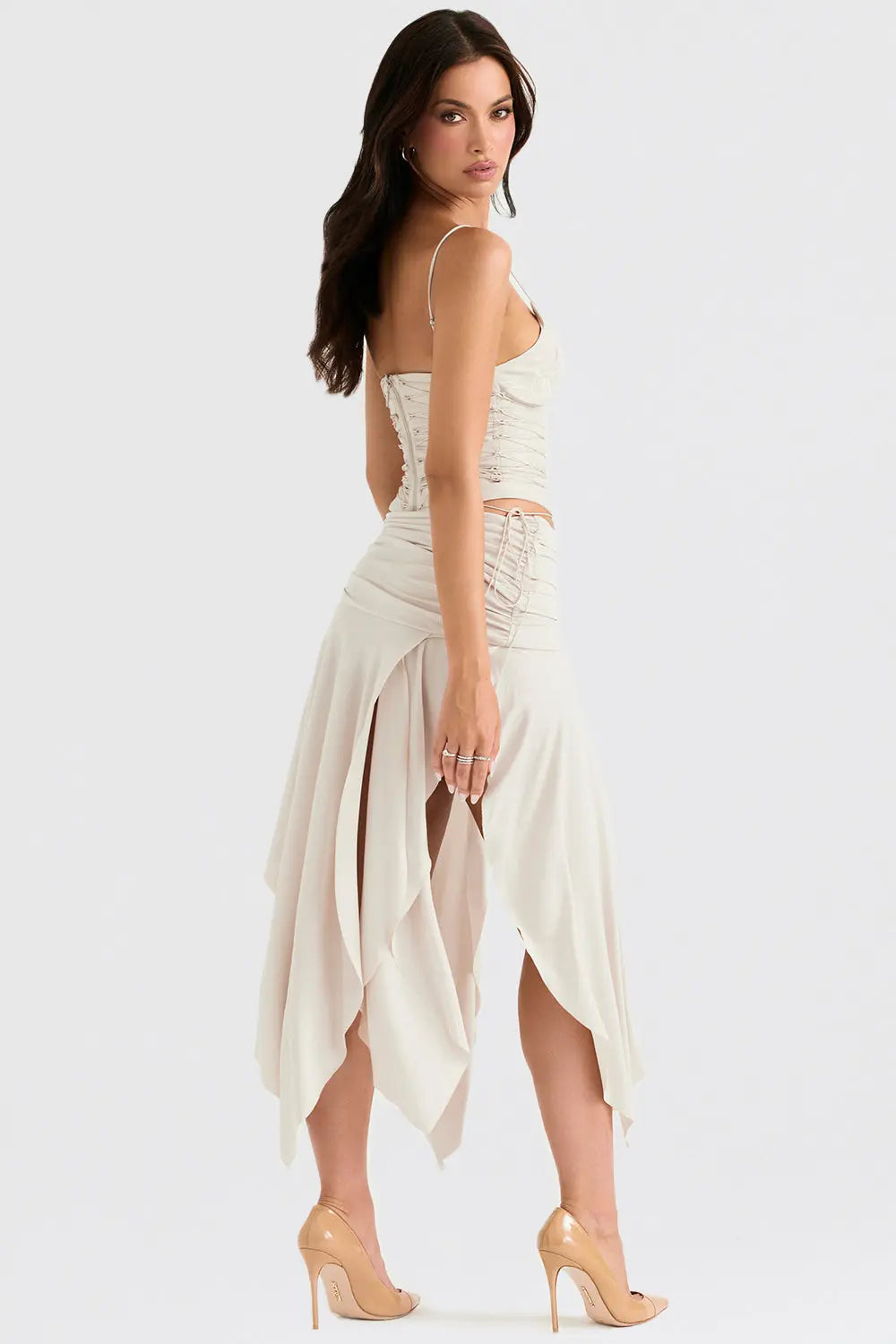 Elegant Two-Piece Set with Ruched Crop Top and High-Slit Maxi Skirt