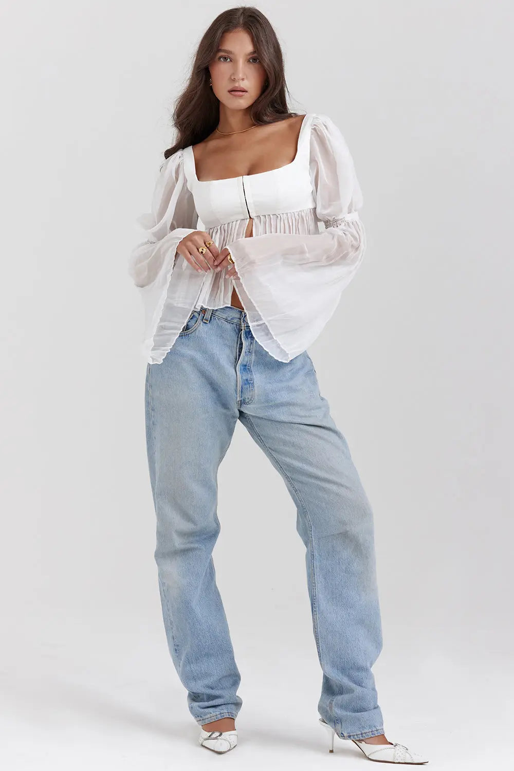 Romantic Square-Neck Sheer Blouse