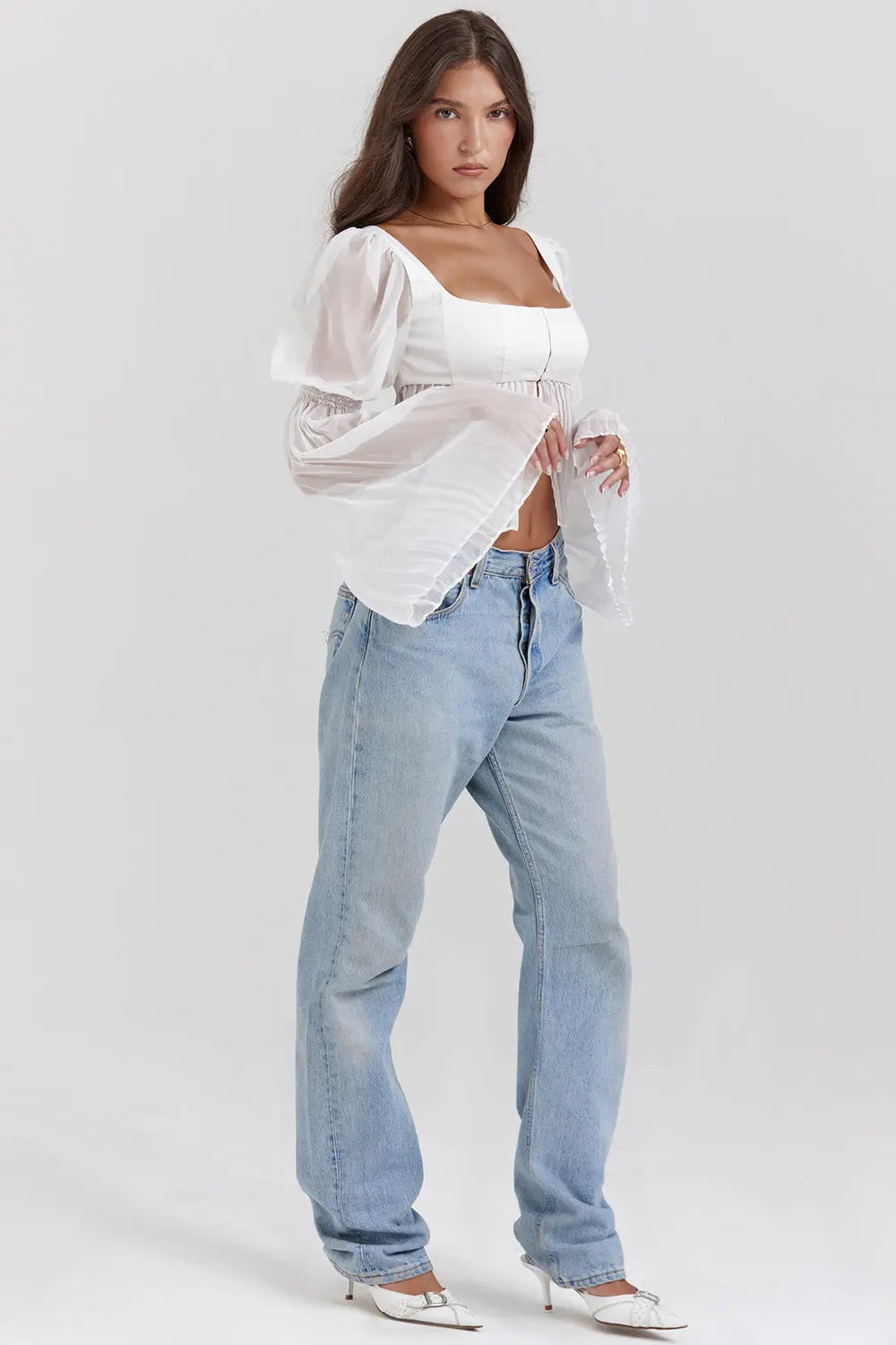 Romantic Square-Neck Sheer Blouse