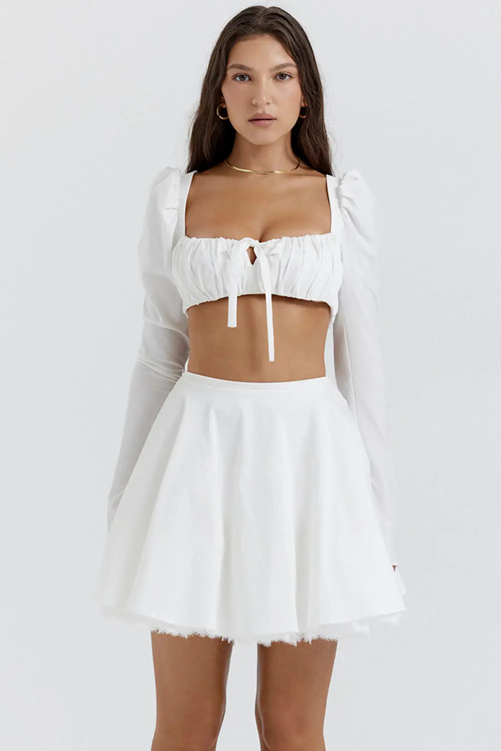 Chic Two-Piece Set with Ruched Crop Top and Flowy A-Line Skirt