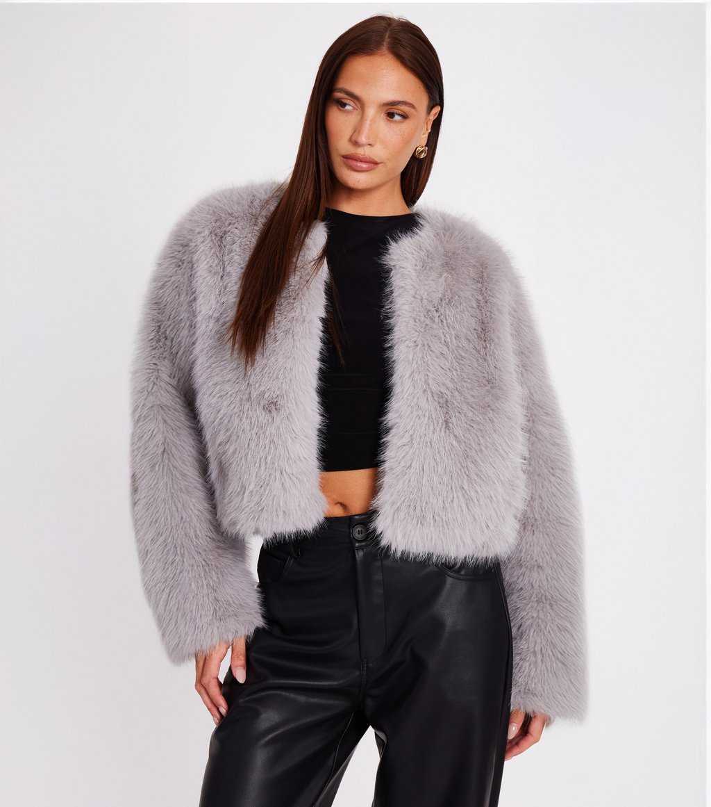 Stylish Grey Faux Fur Cropped Jacket for women