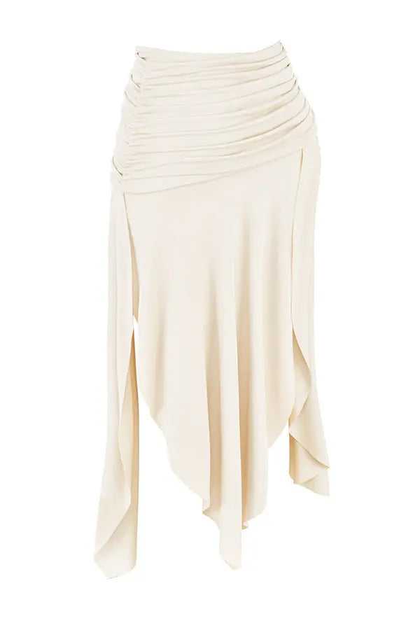Elegant Two-Piece Set with Ruched Crop Top and High-Slit Maxi Skirt