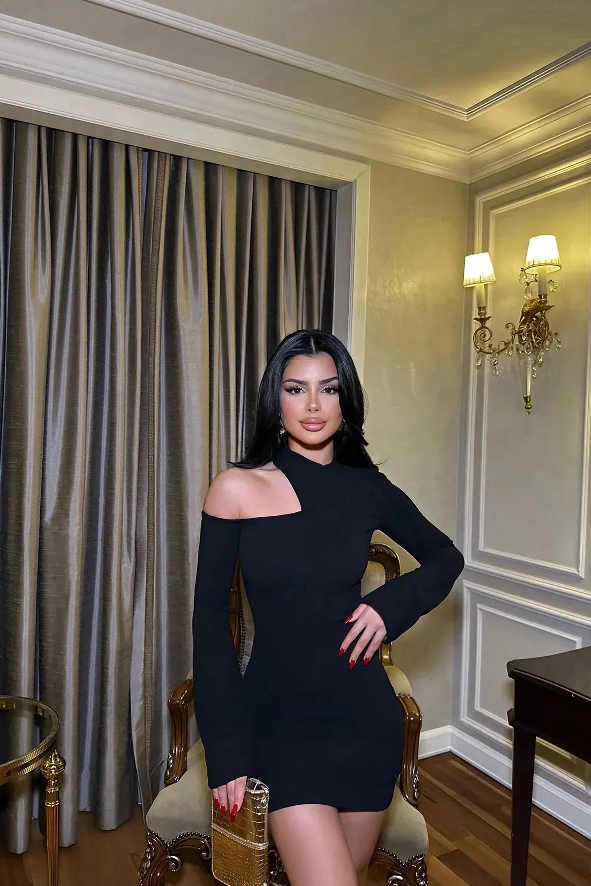 Black Asymmetric Cut-Out Mini Dress with Long Sleeves