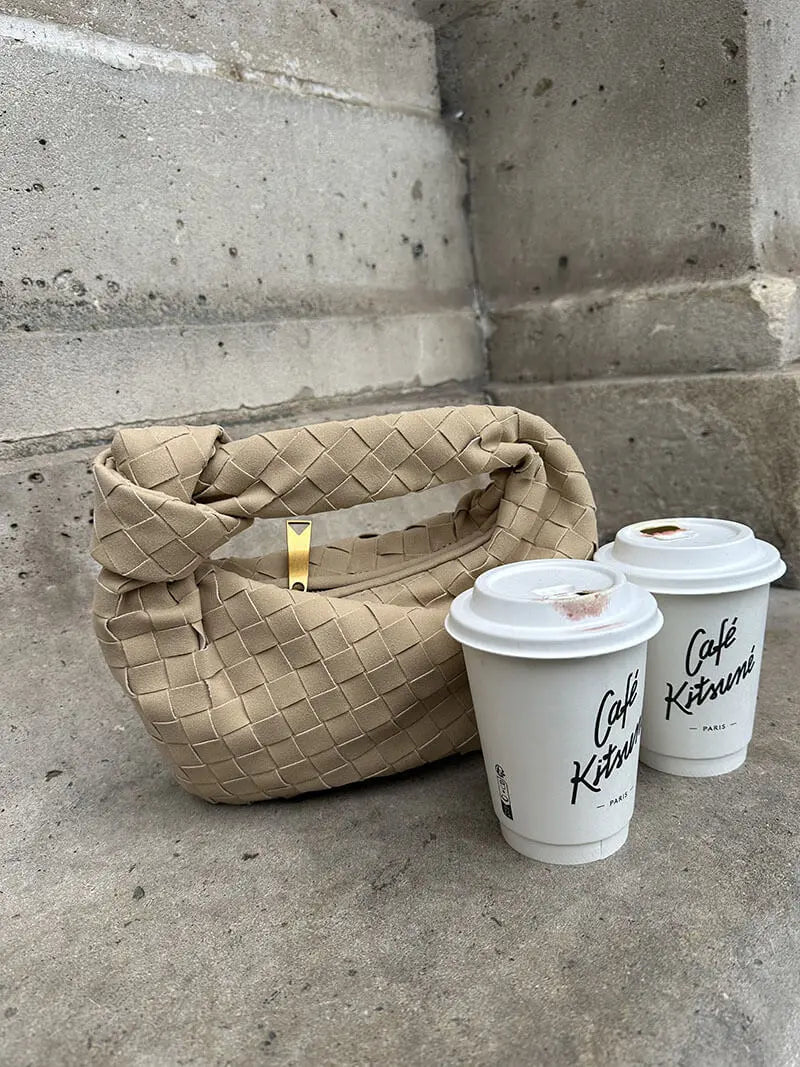 Woven Suede Mini Knot Bag in Chocolate Brown